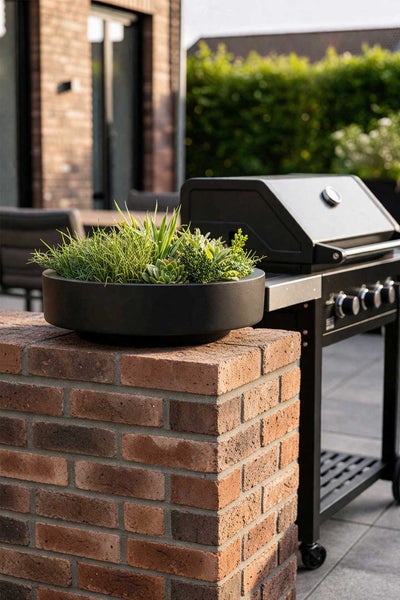 Flache runde Pflanzschale mit Sukkulenten und Gräsern auf einer gemauerten Ziegelwand neben einem Gasgrill auf einer Terrasse.