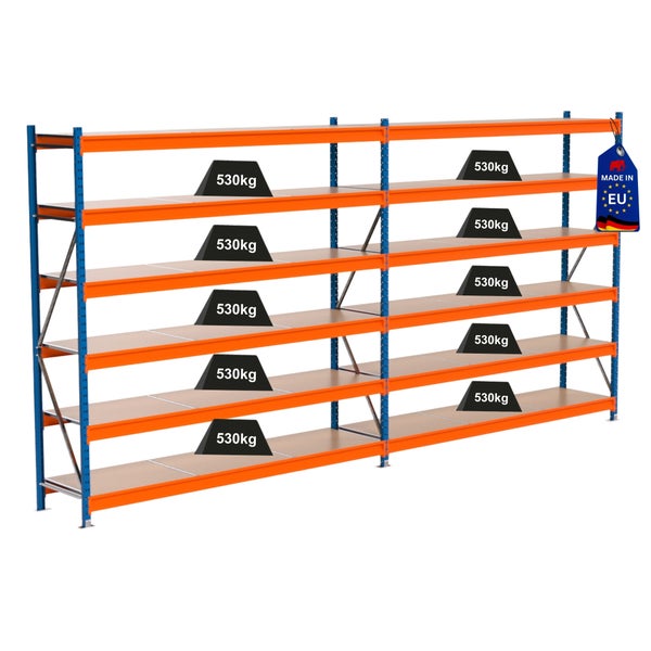 Regal mit Fachböden und Gewichtszulassung von 530 Kilogramm sowie Herkunftskennzeichnung Europäische Union