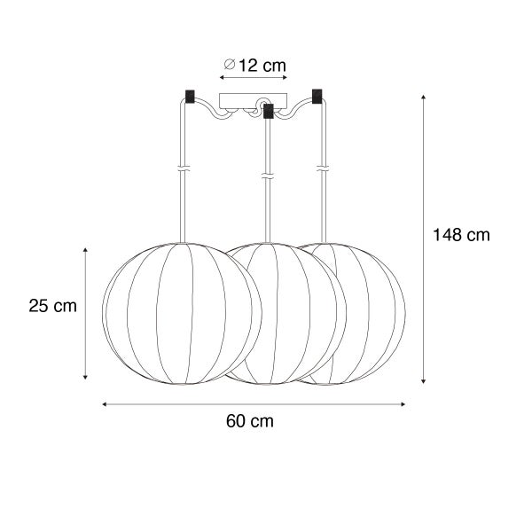 Maßzeichnung einer dreiflammigen Pendelleuchte: Breite 60 Zentimeter, Schirmhöhe 25 Zentimeter, Gesamthöhe 148 Zentimeter, Baldachin 12 Zentimeter.