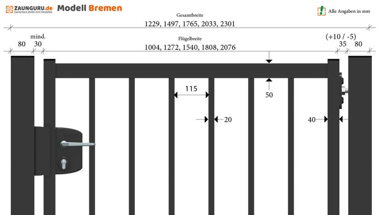 Gartentor ZAUNGURU BASIC-Linie Bremen aus Metall, Höhe: 103cm, Breite: 150cm, 1-flügelig inkl. Pfosten, Schloss und Zubehör, Feuerverzinkt und zusätzlich in RAL 7016 Anthrazitgrau pulverbeschichtet