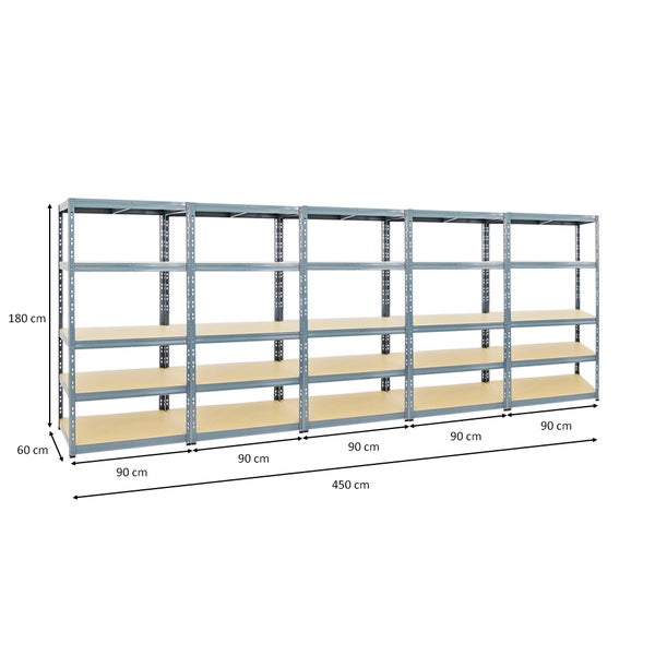 PROREGAL Mega Deal 5x Schwerlastregal Tiger HxBxT 180 x 90 x 60 cm Fachlast 265 kg 5-Ebenen Grau