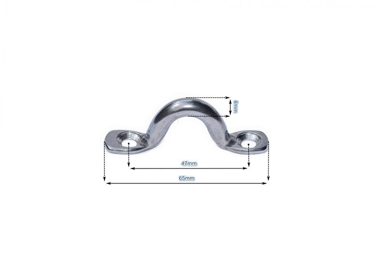 Augbügel aus Metall mit Maßen: Gesamtlänge 65 Millimeter, Lochabstand 47 Millimeter und Materialstärke 8 Millimeter.