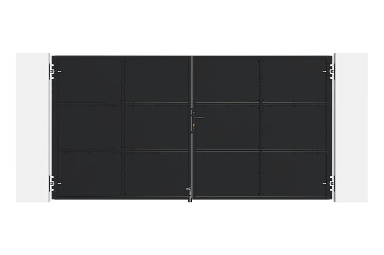 Doppelflügeliges Einfahrtstor aus Metall mit quadratischem Paneeldesign, montiert zwischen zwei Pfosten.
