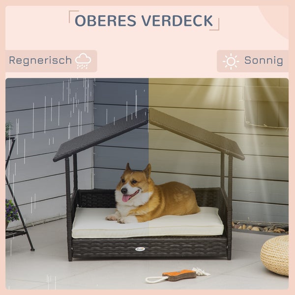 PawHut Rattan Hundehaus mit Kissen, 69 x 98 x 70 cm, Kunststoff, Kaffee-Braun