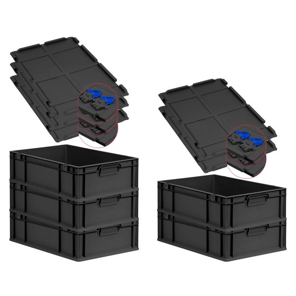 PROREGAL SuperSparSet 5x Eurobox NextGen Grip mit Scharnierdeckel und blauen Schiebeschnappverschlüssen, HxBxT 17x40x60cm, 34 Liter, Schwarz, Griffe geschlossen, Eurobehälter, Transportbox, Transportbehälter, Stapelbehälter