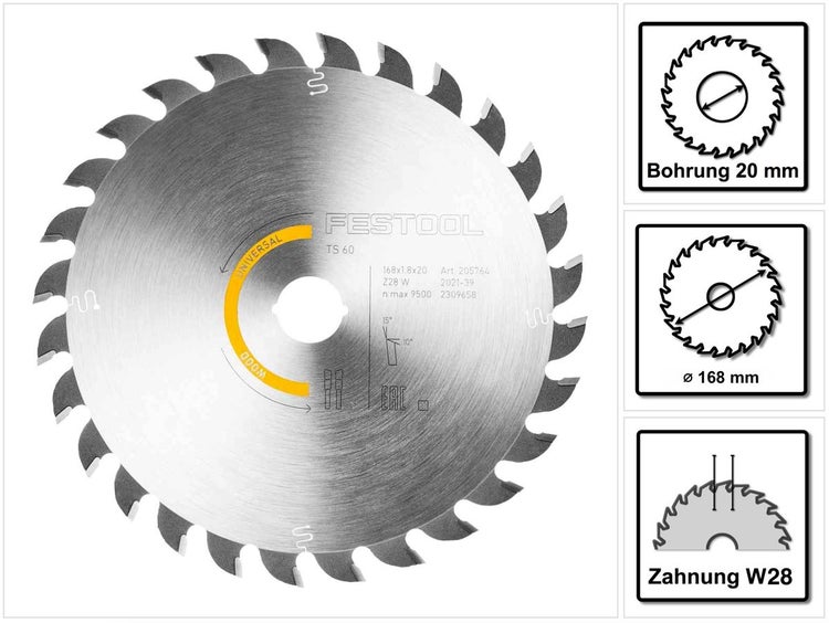 Festool Kreissägeblatt Wood Universal HW 168 x 1,8 x 20 W28 ( 205764 ) für TS 60 K, CSC-SYS 50
