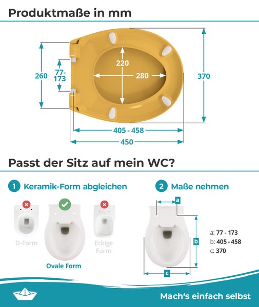Maßzeichnung eines ovalen WC-Sitzes in Millimeter: Breite 370, Länge 405 bis 458, Scharnierabstand 77 bis 173. Anleitung zum Ausmessen. Hornbach Logo.