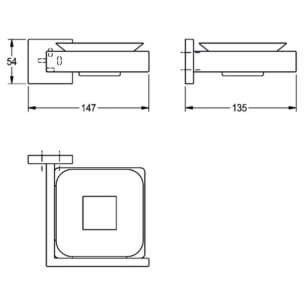 Maßzeichnung Seifenhalter für Wandmontage mit den Maßen 147 mal 135 mal 54 Millimeter.