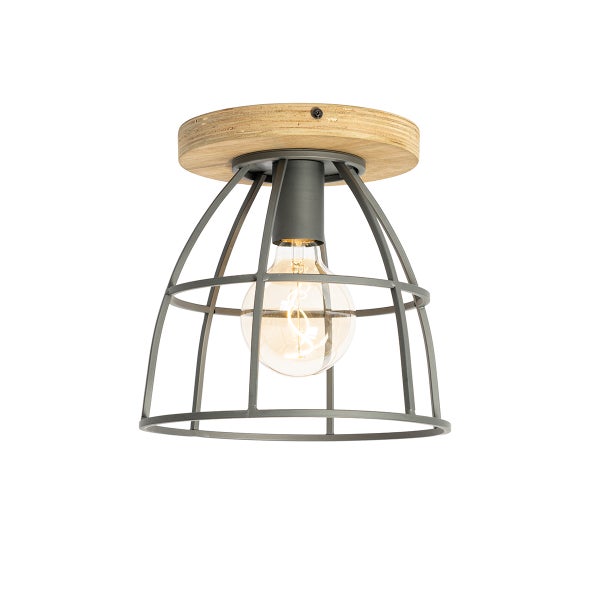 Deckenleuchte im Industrie Design mit runden Holzbaldachin und Metallkorb Schirm