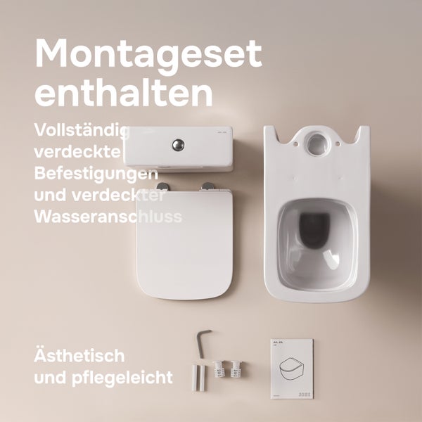 Wandhänge WC Set inklusive WC Sitz Spülkasten Montagezubehör und Anleitung für eine verdeckte Befestigung.