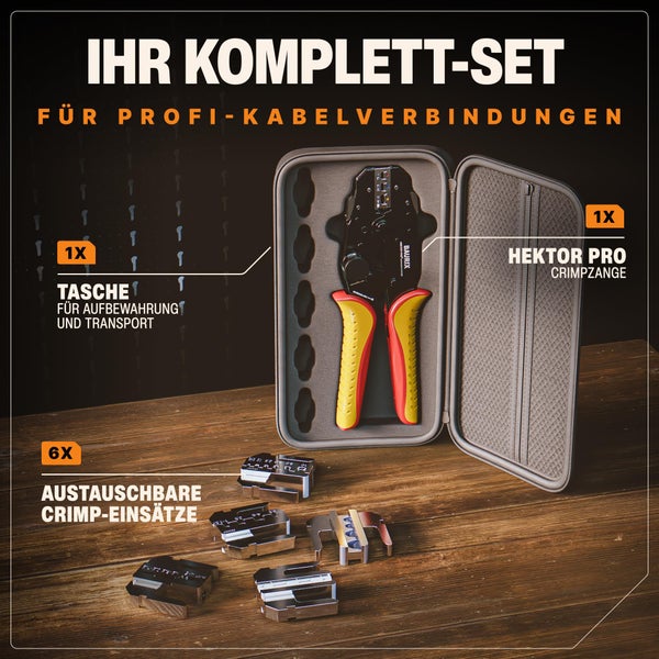 BAURIX® Crimpzange mit Wechselbacken, Crimpzangen Set, Krimpzange für Kabelschuhe, Flachsteckhülsen, Aderendhülsen, Quetschverbinder & Stoßverbinder, Krimpzangenset, Kabelzange, Crimping Pliers