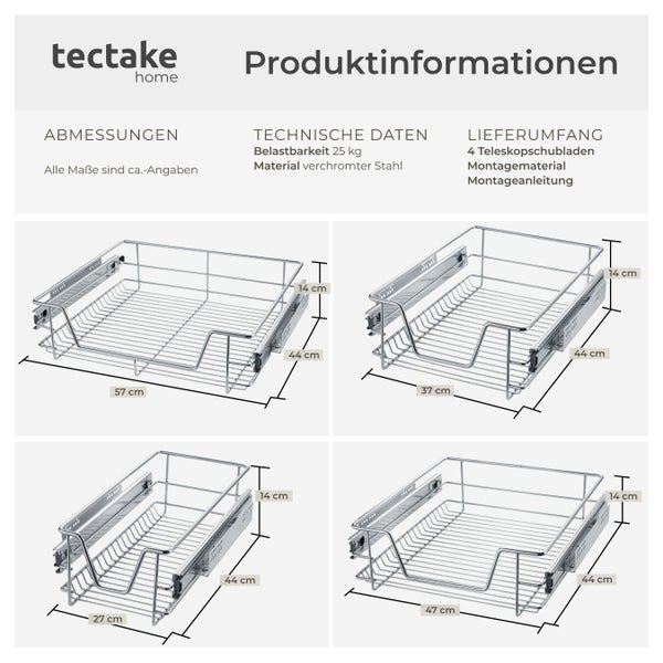 Produktinformationen zu den Tectake Teleskopschubladen mit Maßangaben und technischen Daten
