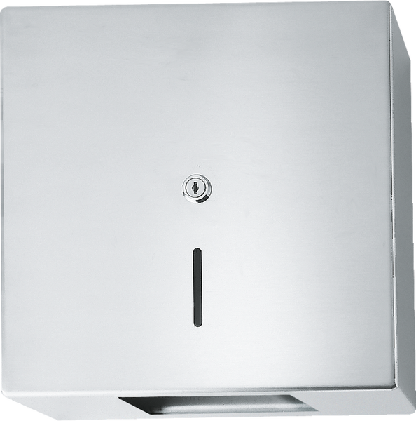 Papierhandtuchspender aus Edelstahl mit Schloss und Sichtschlitz für den Füllstand.