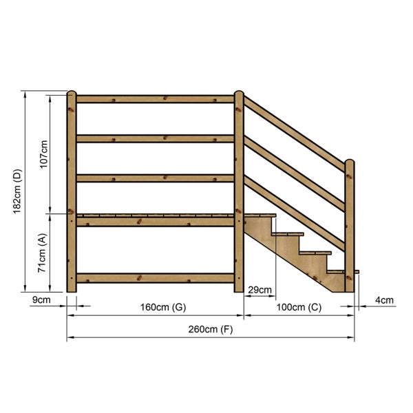 Technische Zeichnung einer Holztreppe mit Maßangaben