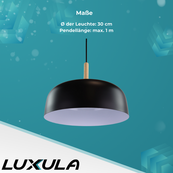 Schwarze Hängelampe mit einem Durchmesser von 30 cm und einer maximalen Pendellänge von 1 m
