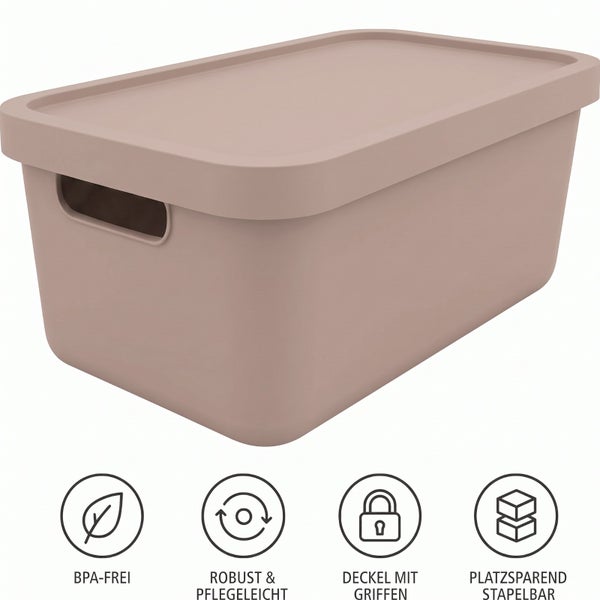 Rechteckige Kunststoff Aufbewahrungsbox mit Deckel und Tragegriffen, stapelbar, robust, pflegeleicht und frei von Bisphenol A.