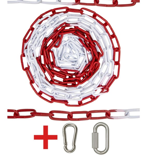 Absperrkette aus Kunststoff in Rot und Weiß, inklusive Karabinerhaken und Schraubglied.