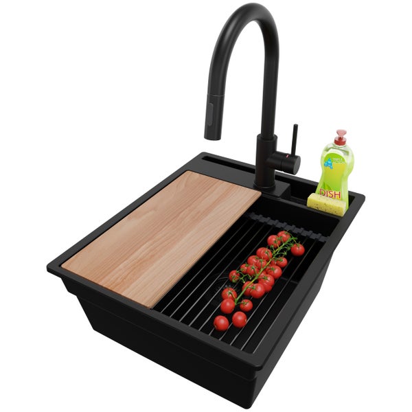 PRIMAGRAN Granitspüle Alles Schwarz 43x53cm, Spülbecken 1 Becken + Küchenarmatur 40x20cm + Ablauf-Set + Küchenzubehörset, Küchenspüle ab 45er Unterschrank - Oslo Pocket