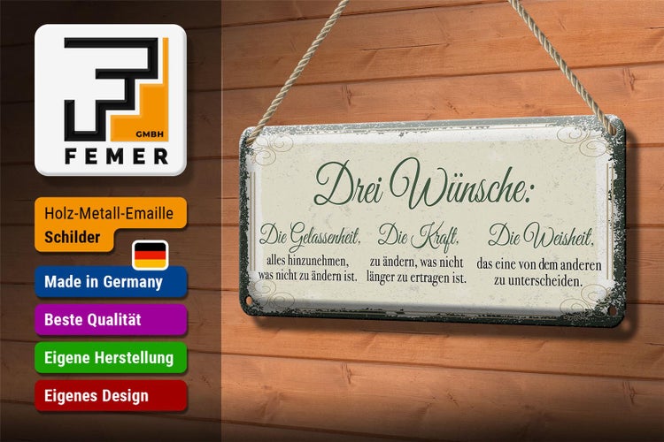 Blechschild Spruch 3 Wünsche Gelassenheit Krafrt 27x10cm
