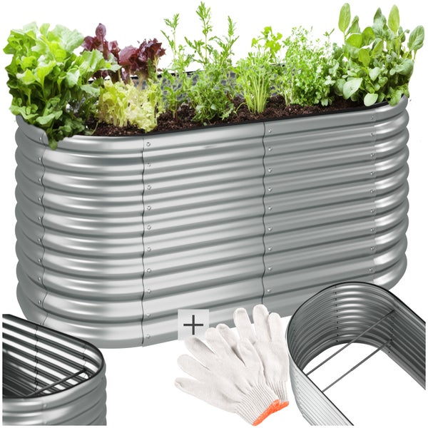 Hochbeet aus Metall mit Gemüse, Gartenerde und Gartenzubehör