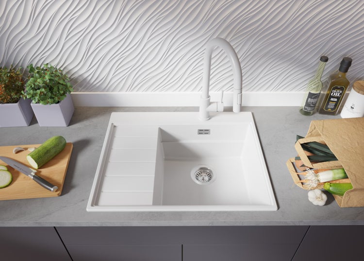 PRIMAGRAN Spülbecken Weiß 62x50cm, Granitspüle 1 Becken + Ablauf-Set + Küchenzubehörset, Küchenspüle ab 45er Unterschrank - Sydney