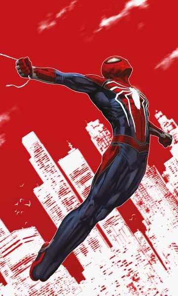 Illustration von Spider-Man, der vor dem Hintergrund einer Stadt mit einem Netz in der Hand schwingt