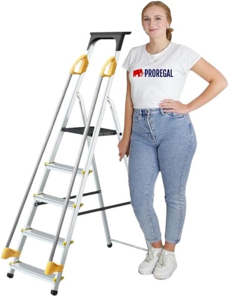 PROREGAL Stufenstehleiter ATLAS mit Werkzeugablage & Handlauf Economy Basic Einseitig Begehbar 5 Stufen Arbeitshöhe 2,97 m Traglast 150 kg