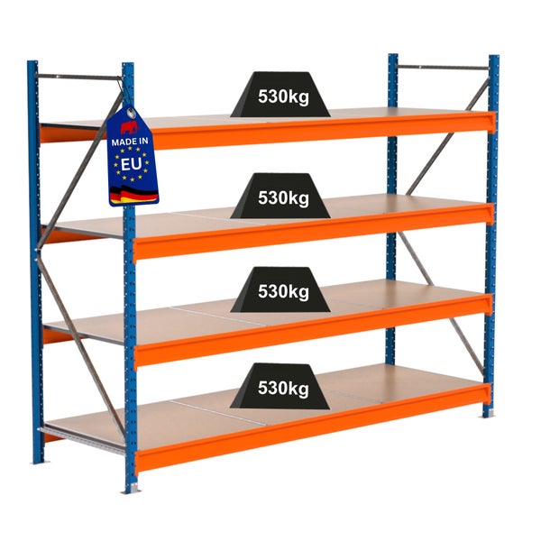 Regal mit vier Ebenen und einer Traglast von 530 Kilogramm, Hergestellt in der EU Kennzeichen