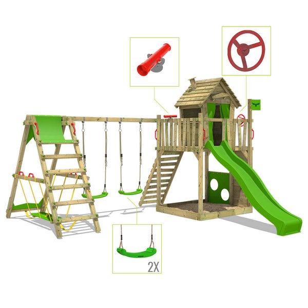 FATMOOSE Spielturm Klettergerüst HappyHome mit Schaukel SurfSwing und Rutsche, Spielhaus mit Sandkasten, Leiter und Spiel-Zubehör - grün