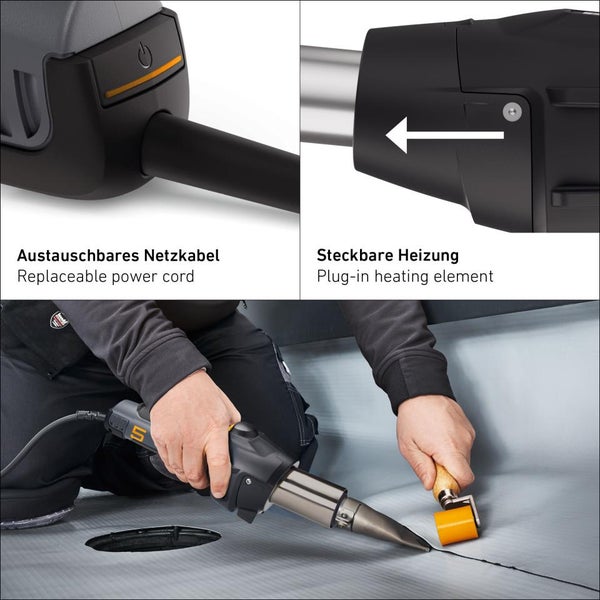 Heißluftschweißgerät beim Verschweißen von Kunststoffbahnen mit Details zum austauschbaren Netzkabel und der steckbaren Heizung.
