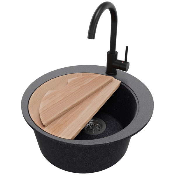 PRIMAGRAN Granitspüle Anthrazit 50x50cm, Spülbecken Rund 1 Becken + Küchenarmatur 32x20cm + Ablauf-Set + Schneidebrett, Küchenspüle ab 45er Unterschrank - Pisa