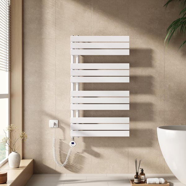 EMKE Elektrischer Badheizkörper 104x60 cm vertikal, 600W, Design-Paneelheizkörper mit Thermostat & Timer, Wandmontage, IP44, Handtuchwärmer seitlich offen, Weiß, Anschluss links, für Bad