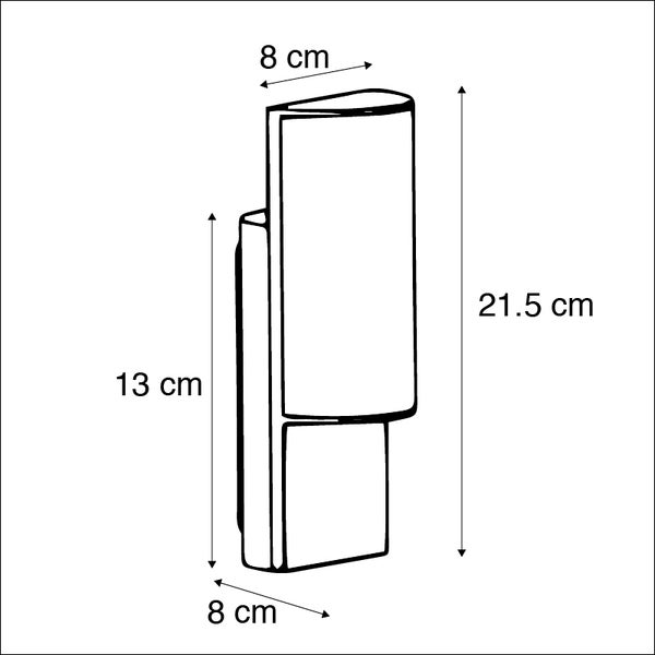 Technische Zeichnung einer Außenwandleuchte mit Maßen: Höhe 21,5 Zentimeter, Breite 8 Zentimeter und Tiefe 8 Zentimeter.