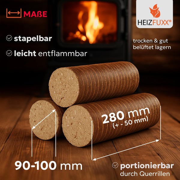 Heizfuxx Holzbriketts mit Rillen zur Portionierung, stapelbar und leicht entflammbar, Laenge 280 Millimeter, Durchmesser 90 bis 100 Millimeter.