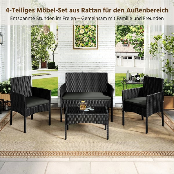 Vierteiliges Rattangartenmöbelset mit Sessel, Bank und Tisch für den Außenbereich