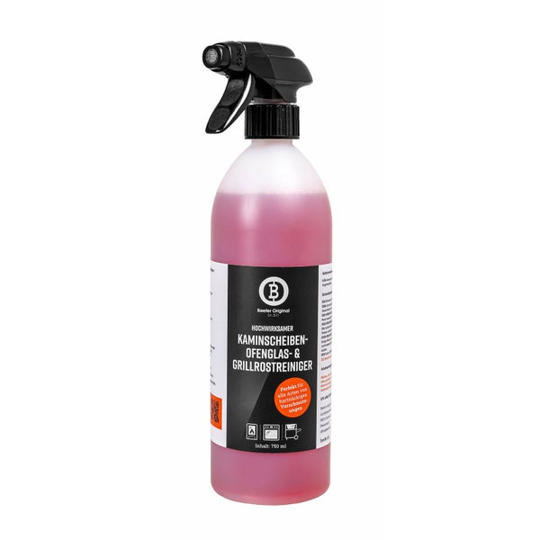 Beefer Original Hochwirksamer Kaminscheiben-, Ofenglas- und Grillrostreiniger, rosa Flüssigkeit in 750 Milliliter Sprühflasche.