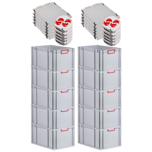 PROREGAL Spar Set 10x Eurobox Nextgen Color Mit Auflagedeckel & Schiebeschnappverschlüsse HxBxT 32 x 40 x 60 cm Griffe Rot Verstärkter Boden