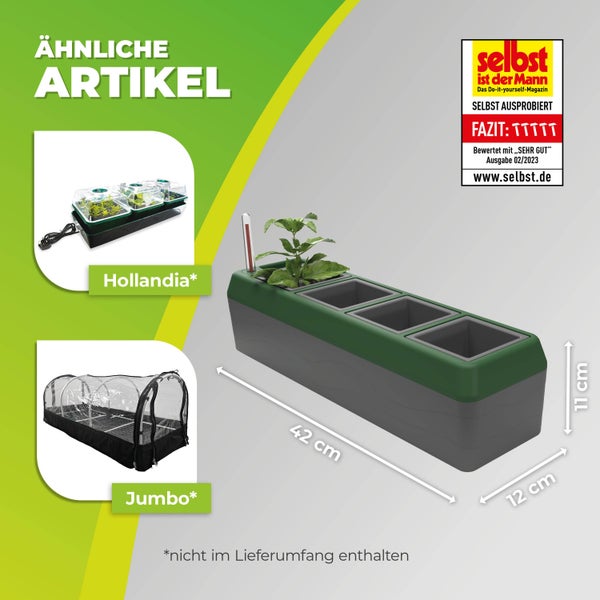Rechteckige Anzuchtschale mit vier Kammern und Wasserstandsanzeiger, Maße 42 mal 12 mal 11 Zentimeter, selbst ist der Mann Logo mit Bewertung sehr gut.