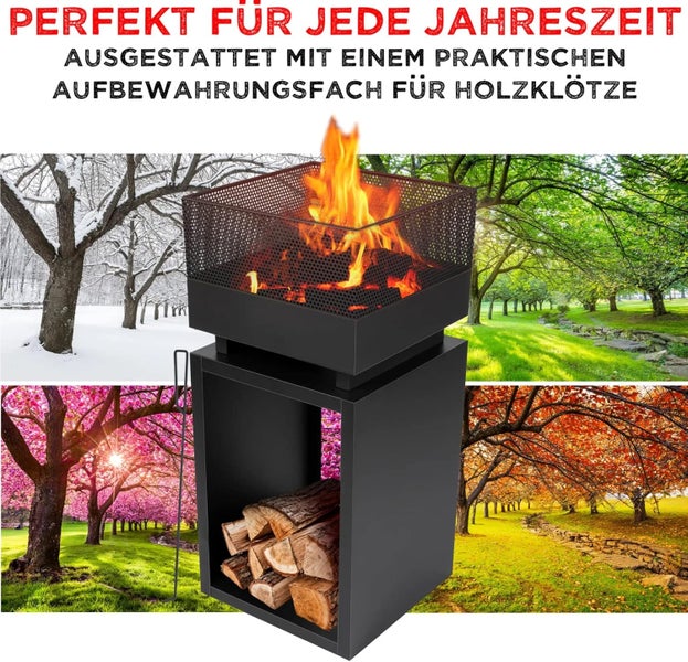 RESCH 502594 Terrassenkamin/Gartenkamin mit Funkenschutz, 85 x 39 x 39 cm, euerstelle Hitzebeständig & Rostfrei, Feuerkorb für Terrasse/Garten, Stabiler Stand, inkl. Schürhaken