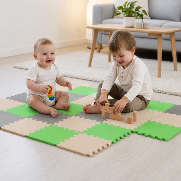 Zwei Kinder spielen auf einer Steck-Spielmatte mit verschiedenen Formen und Holzbausteinen in einem hellen Wohnzimmer.