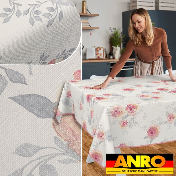Tischdecke mit Rosenmuster auf einem Esstisch in einer Küche, Anro Deutsche Manufaktur Logo