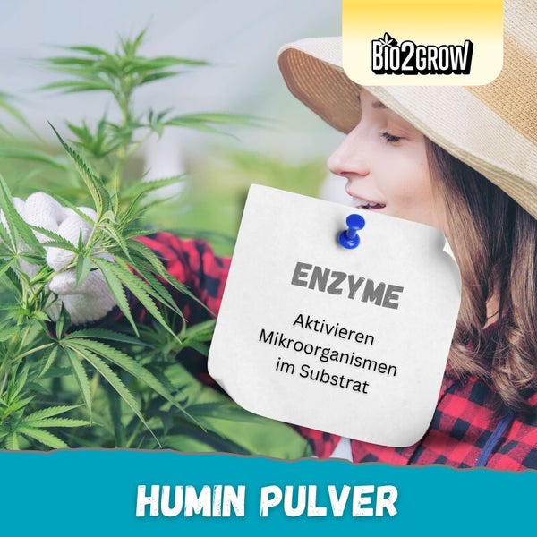 Frau im Garten mit Bio2Grow Logo, Enzym Notiz und Huminpulver Text