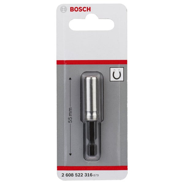 Bosch Logo. Schraubendreher-Bit-Halter mit Magnet und einer Länge von 55 Millimetern in Verpackung.