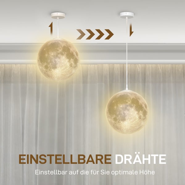 Zwei Mond Pendelleuchten mit verstellbaren Drähten vor einem Vorhang