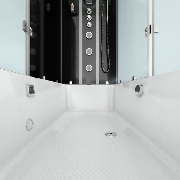Dusch-Badewannen-Kombination mit Glaswänden, Kopfstütze, Handbrause, Regendusche und Massagedüsen.