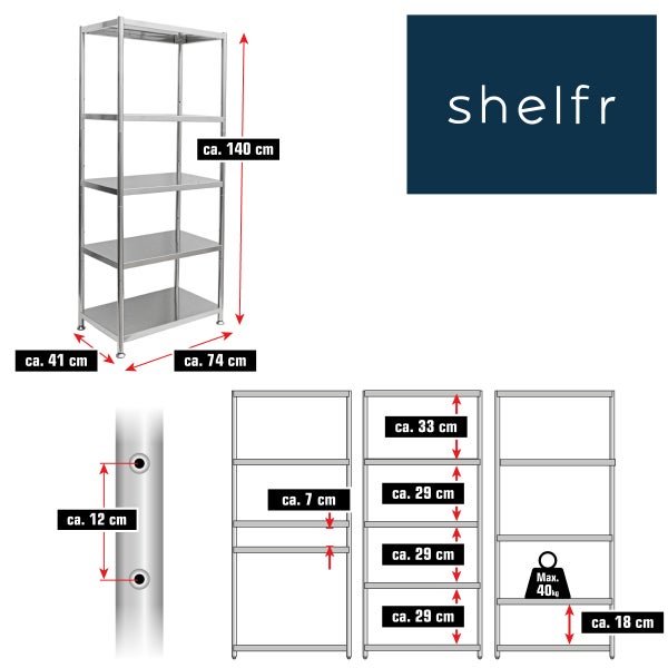 Shelfr Edelstahlregal mit 5 Böden, Maße circa 140 mal 74 mal 41 Zentimeter, Tragkraft 40 Kilogramm pro Boden, Lochabstand 12 Zentimeter, Shelfr Logo.