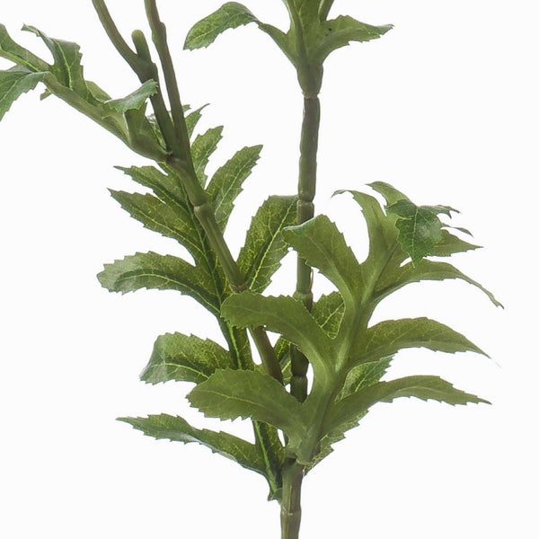 Künstlicher Zweig mit grünen, gezackten Blättern aus Kunststoff.