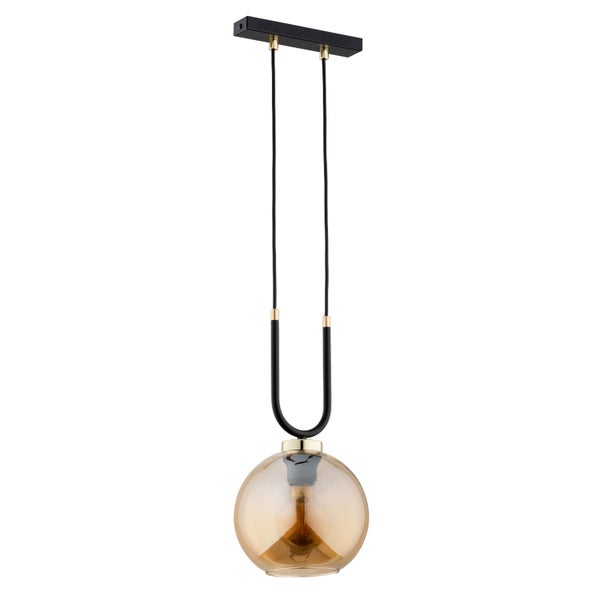 Moderne Pendelleuchte mit einer Glaskugel und einer markanten Metallhalterung in U-Form zur Deckenmontage.