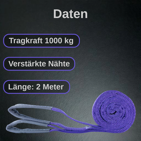Rundschlinge mit 1000 Kilogramm Tragkraft, verstärkten Nähten und 2 Metern Länge.