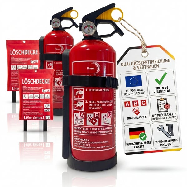 Feuerlöscher mit Löschdecke und Qualitässiegeln. Pulverfeuerlöscher geeignet für Brandklassen A, B und C inklusive Wandhalterung.
